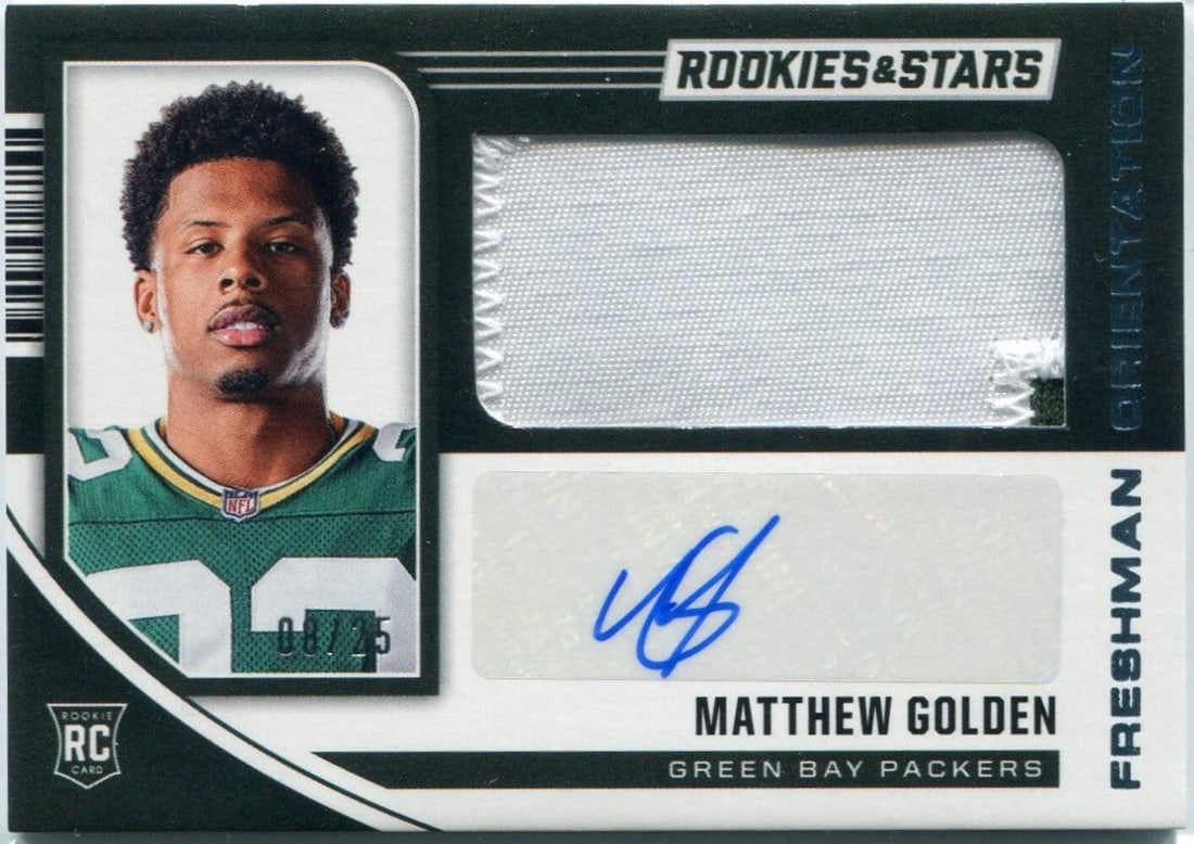 Matthew Golden Rookies 2025 Star Freshman Patch Autograph: Matthew Golden Rookies 2025 Star Freshman Patch Autograph Matthew Golden's 2025 Panini Rookies & Stars Freshman Orientation Patch/Autographed RC #FO-MGN is an authentic autographed rookie card featuri