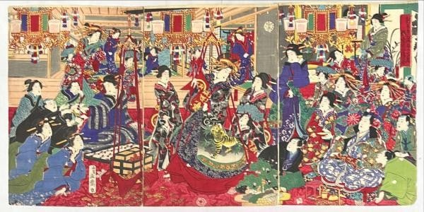 Woodblock Print Triptych of Nagasaki by Mosai and Yoshiwara: Woodblock Print Triptych of Nagasaki by Mosai and Yoshiwara The Woodblock Print Triptych of Nagasaki by Mosai and Yoshiwara features intricate washi paper designs in a traditional Japanese style. A ce