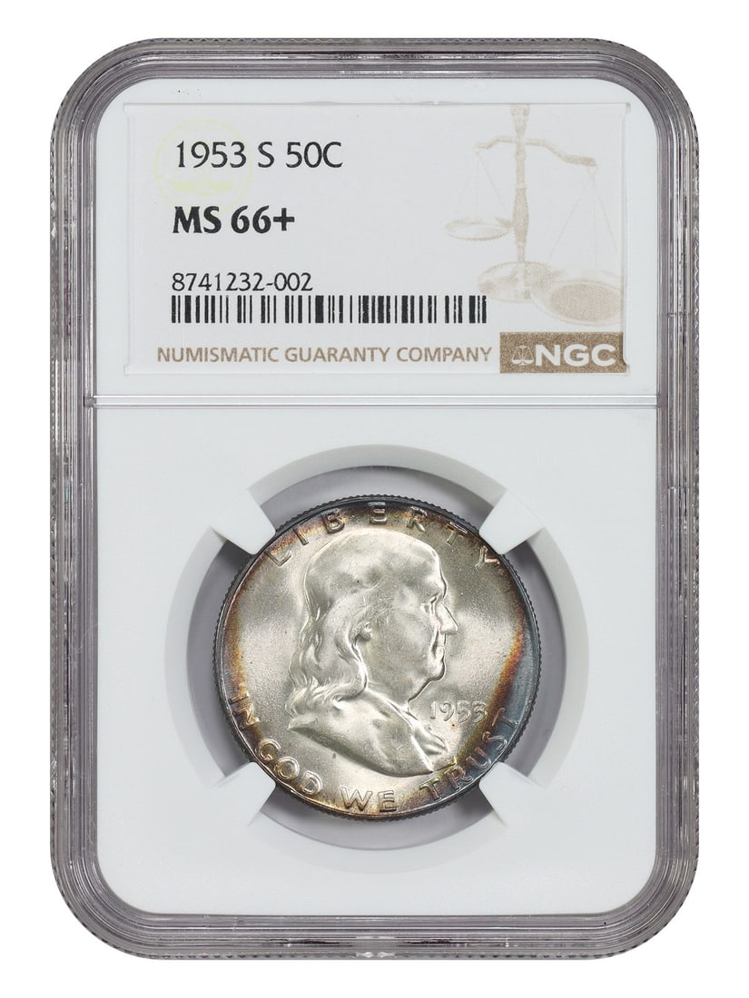 Strict MS66+ 50c Franklin Half Dollar: Strict MS66+ 50c Franklin Half Dollar The Strict MS66+ 50c Franklin Half Dollar boasts an impressive NGC certification and a striking San Francisco Mint origin. With its high grade of 66 and circulate