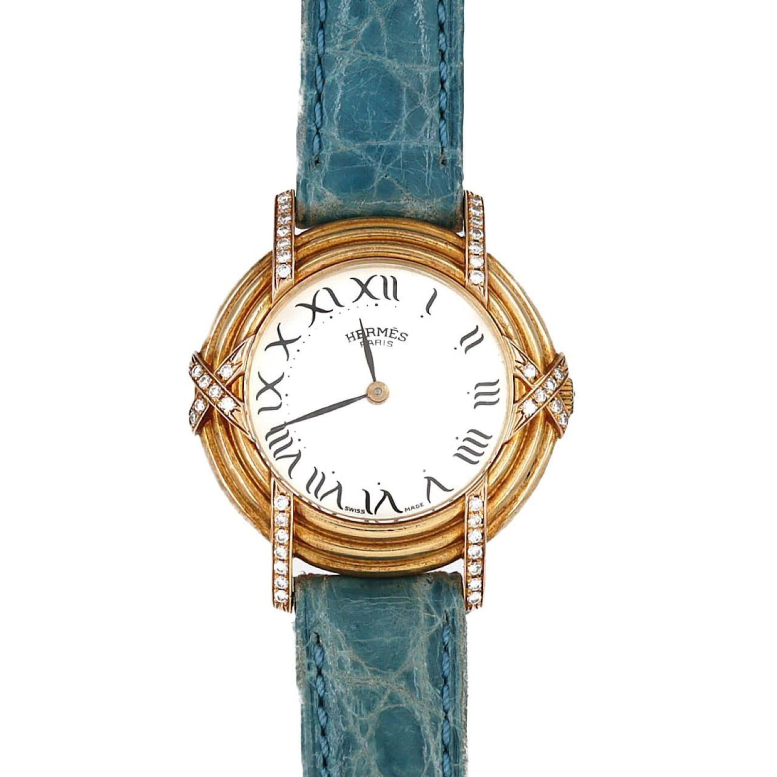 Watch Wrist Hermes: Watch Wrist Hermes Pink Gold and White Dial Watch from Hermes Features 26mm Diameter Case with Traces of Usage and Scratches. The Watch's Condition Shows Signs of Wear, Yet Remains Generally in Good