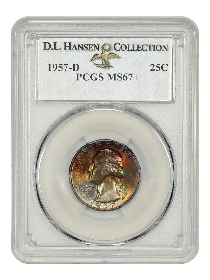 D.L. Hansen 25C MS67+ PCGS 1957-D Washington Quarter: D.L. Hansen 25C MS67+ PCGS 1957-D Washington Quarter The D.L. Hansen 25C MS67+ PCGS is an exceptional example of a 1957-D Washington Quarter, boasting a high grade of 67 and certified by PCGS as uncir
