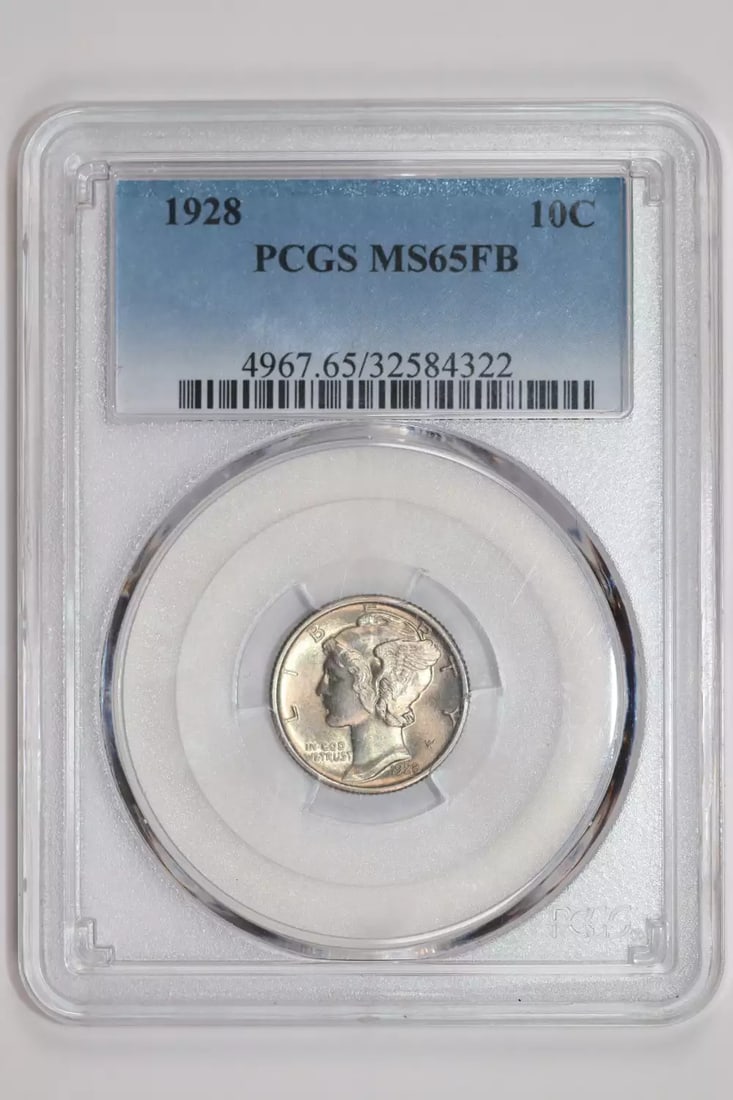 MERCURY DIME 1928 PCGS MS65: MERCURY DIME 1928 PCGS MS65 The 1928 Mercury dime, graded MS65 by PCGS, boasts exceptional condition with minimal wear. This uncirculated coin features the iconic portrait of Mercury on its reverse si