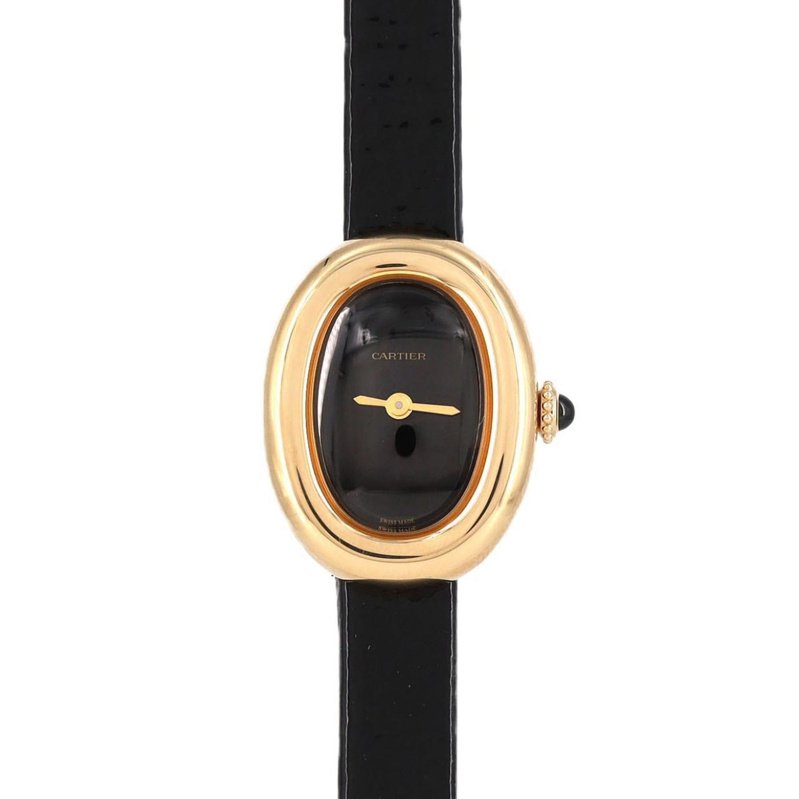 Watch Cartier: Watch Cartier Cartier's iconic yellow gold case stands out with its sleek 18.5mm diameter, while the black band and dial provide a sophisticated contrast. The watch boasts a few traces of usage, inclu