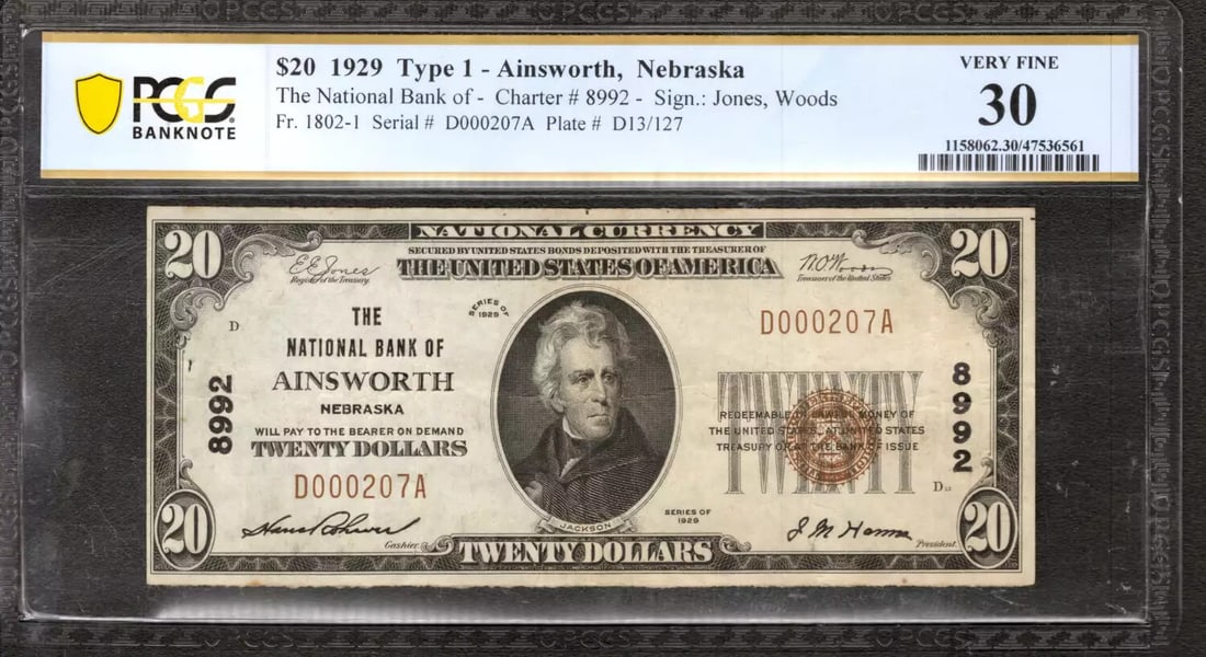 $20 National Bank Note 1929 Nebraska Ainsworth Fr.1802-1 PCGS 30 VF 207A: $20 National Bank Note 1929 Nebraska Ainsworth Fr.1802-1 PCGS 30 VF 207A The 1929 Nebraska Ainsworth $20 National Bank Note (Fr.1802-1) features a unique design and serial number, making it a notable 