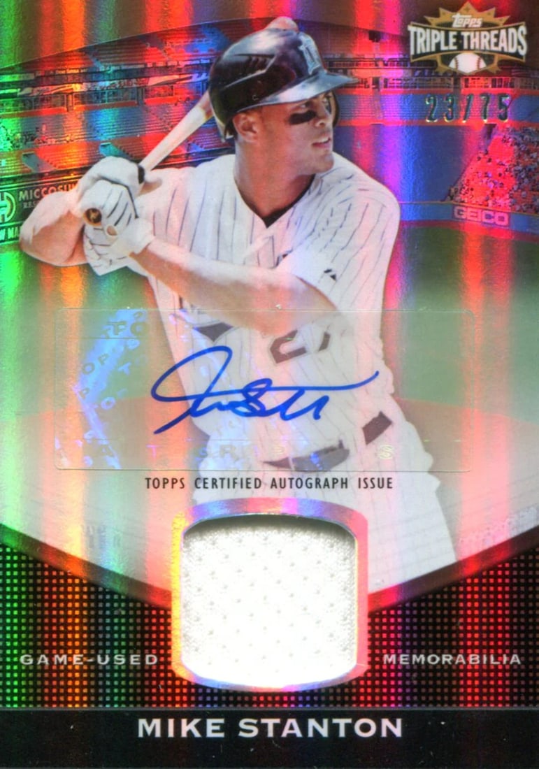 STANTON AUTOGRAPHED TOPPS TRIPLE THREADS CARD #23/ 75: STANTON AUTOGRAPHED TOPPS TRIPLE THREADS CARD #23/ 75 Mike Stanton's autograph on this Topps Triple Threads card (#23/75) adds a unique touch to any baseball memorabilia collection. The card features