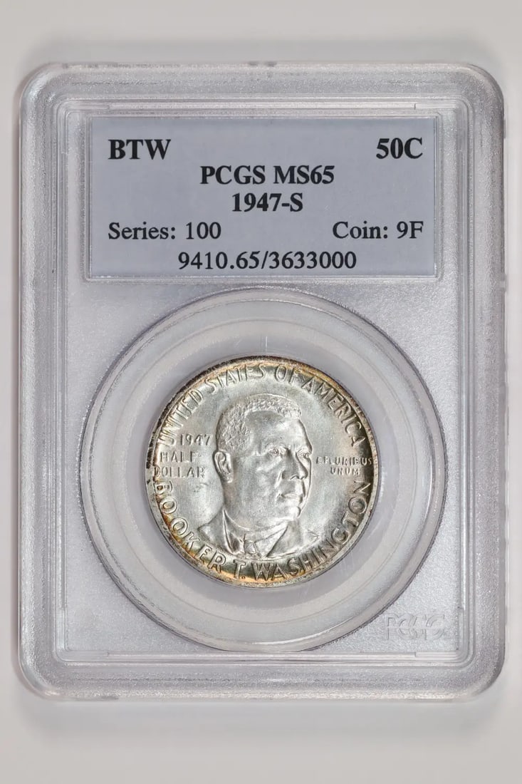 BOOKER T WASHINGTON COMMEMORATIVE HALF DOLLAR 1947-MS65 PCGS ORIGINAL: BOOKER T WASHINGTON COMMEMORATIVE HALF DOLLAR 1947-MS65 PCGS ORIGINAL The Booker T. Washington Commemorative Half Dollar, certified MS 65 by PCGS, showcases its exceptional condition with a grade of 6