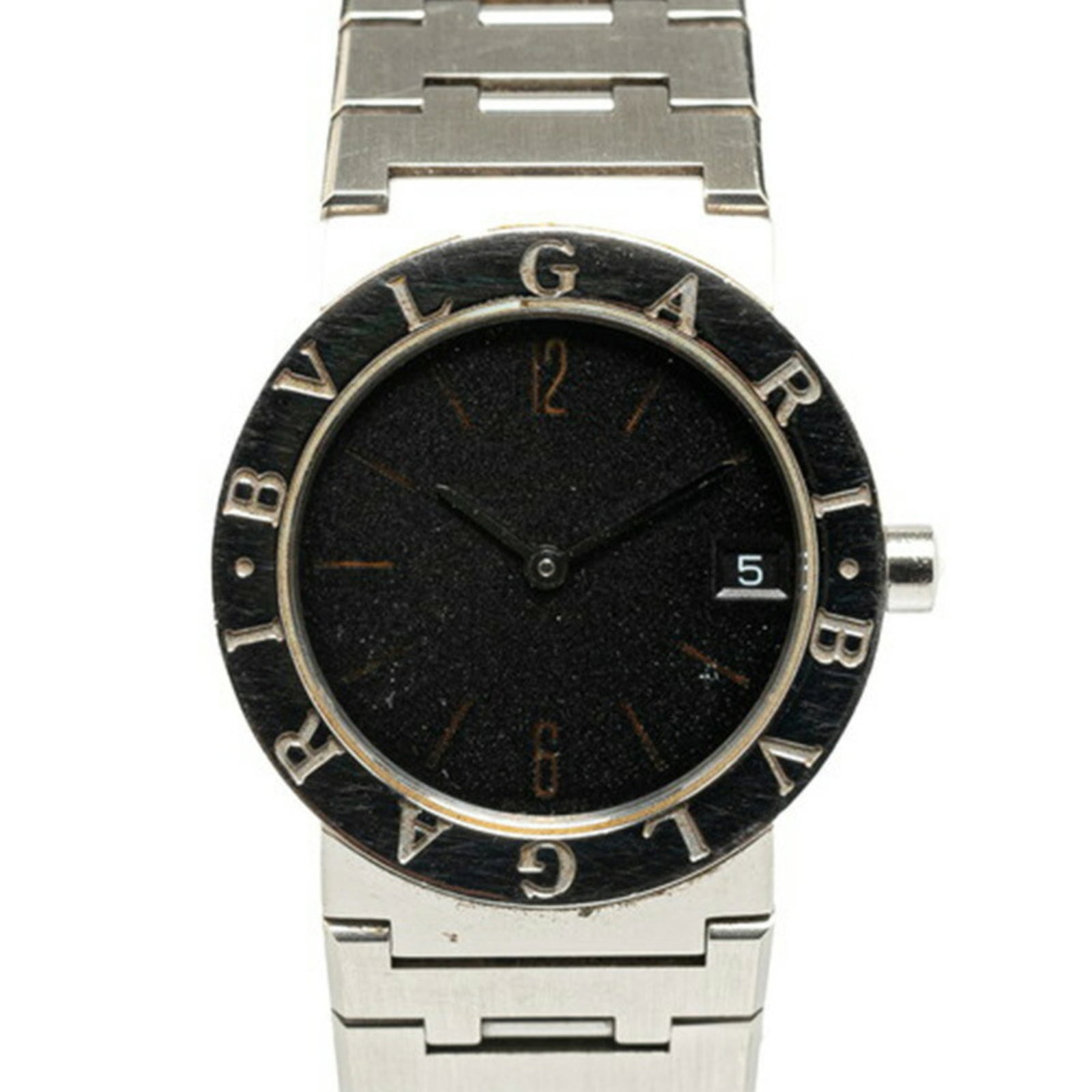 Bulgari Watch Wrist: Bulgari Watch Wrist Stainless steel case and band provide a sleek, modern look for this Bulgari watch wrist. The black dial features an analog display, adding a touch of classic elegance to its design