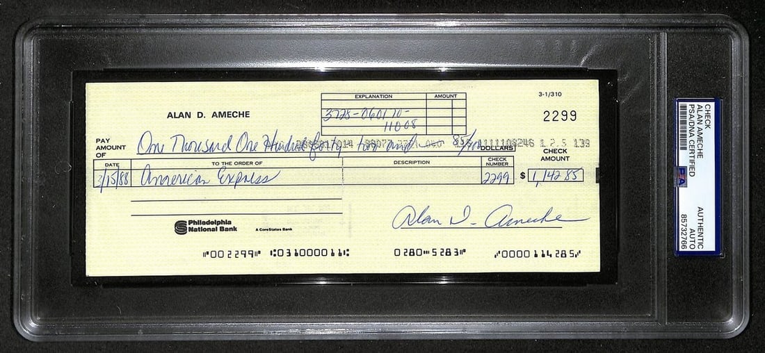 Ameche signed auto check 1954 PSA DNA 205372: Ameche signed auto check 1954 PSA DNA 205372 Authentic Ameche signed auto check from 1954, verified by PSA DNA (Document Authentication Service) with a unique ID of 205372. This original item features