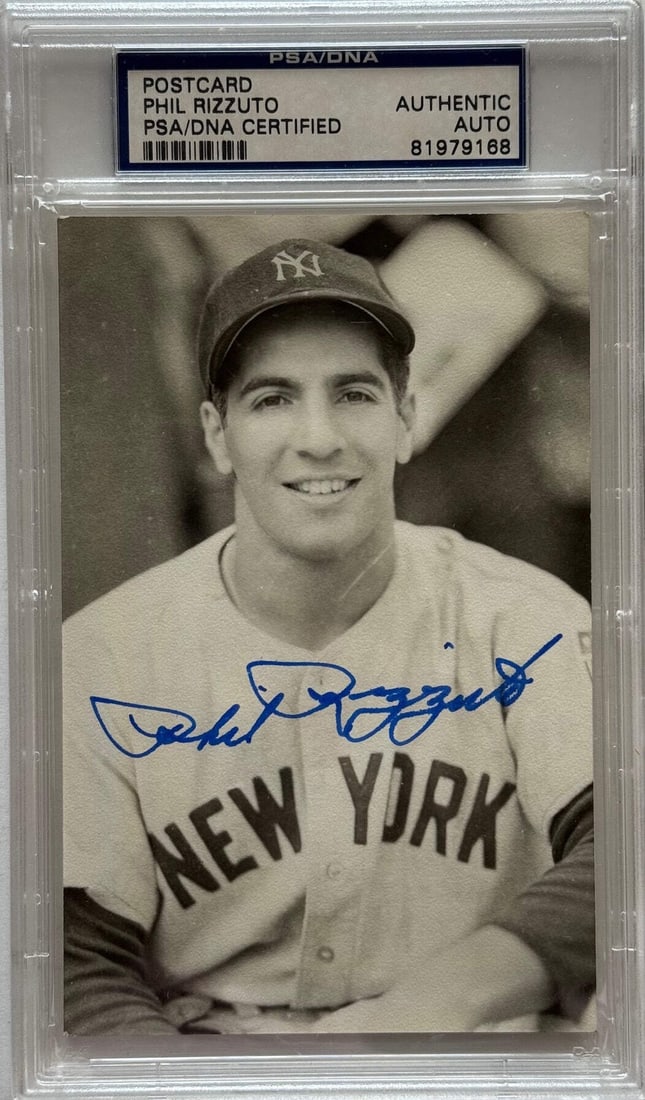 Postcard PSA signed by Phil Rizzuto: Postcard PSA signed by Phil Rizzuto Authentic PSA-graded vintage black & white postcard signed in blue sharpie by Phil Rizzuto. This rare collectible features a unique piece of sports history, bearing