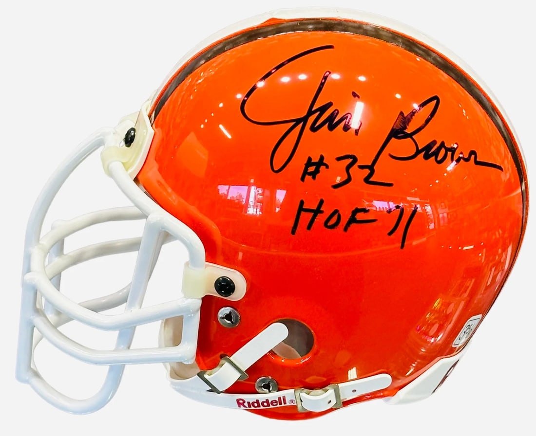 Jim Brown HOF 71 Autographed JSA: Jim Brown HOF 71 Autographed JSA Signed twice in black sharpie across each side of the mini helmet, this Jim Brown HOF 71 autographed JSA Cleveland Browns mini helmet features an inscription that pays