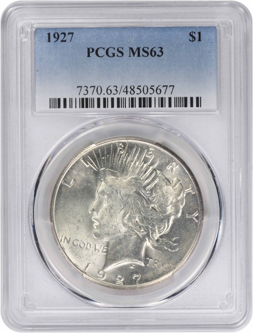 Peace Silver Dollar 1927 MS63: Peace Silver Dollar 1927 MS63 The 1927 Peace Silver Dollar MS63 boasts exceptional detail and luster, thanks to its high-grade certification from PCGS. With over 848,000 coins minted in Philadelphia, 