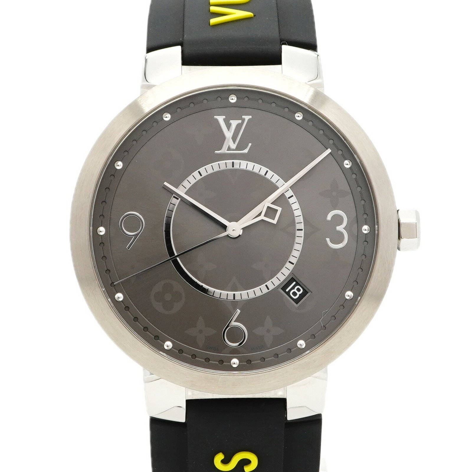 Louis Vuitton watch wrist: Louis Vuitton watch wrist The Louis Vuitton watch wrist boasts a sleek gray dial and durable rubber band, measuring 39.1mm in diameter with a comfortable wrist size of 19cm. Despite being used, the it