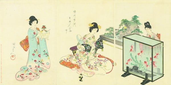 Woodblock Print of Ladies from 1900 Tokugawa Era by Chikanobu Toyohara: Woodblock Print of Ladies from 1900 Tokugawa Era by Chikanobu Toyohara The Woodblock Print of Ladies from 1900 Tokugawa Era by Chikanobu Toyohara features intricate designs and delicate washi paper, c