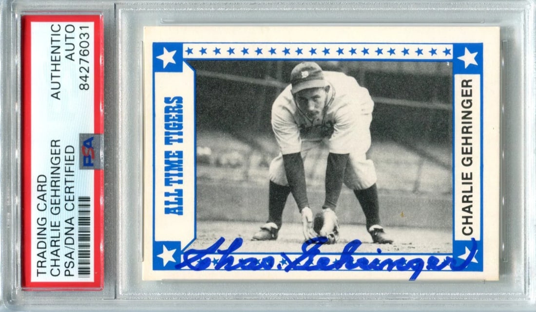 Autographed Charlie Gehringer 1980 TCMA Card: Autographed Charlie Gehringer 1980 TCMA Card Charlie Gehringer's autograph on this 1980 TCMA card is a notable feature. The PSA/DNA certification provides assurance of its authenticity and condition. 