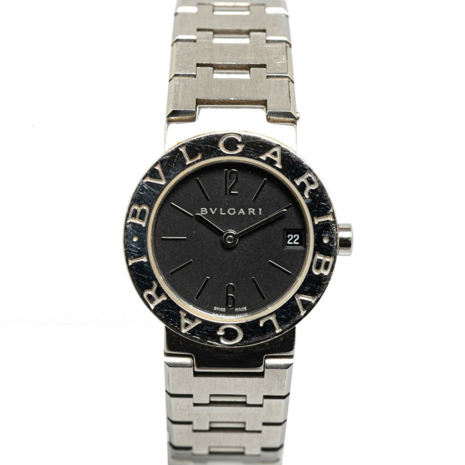 Bulgari Watch Wrist: Bulgari Watch Wrist Stainless steel case and band add an edgy touch to this Bulgari watch wrist. With its black dial and 22.9mm diameter, this timepiece exudes sleek sophistication. Showcasing signs o