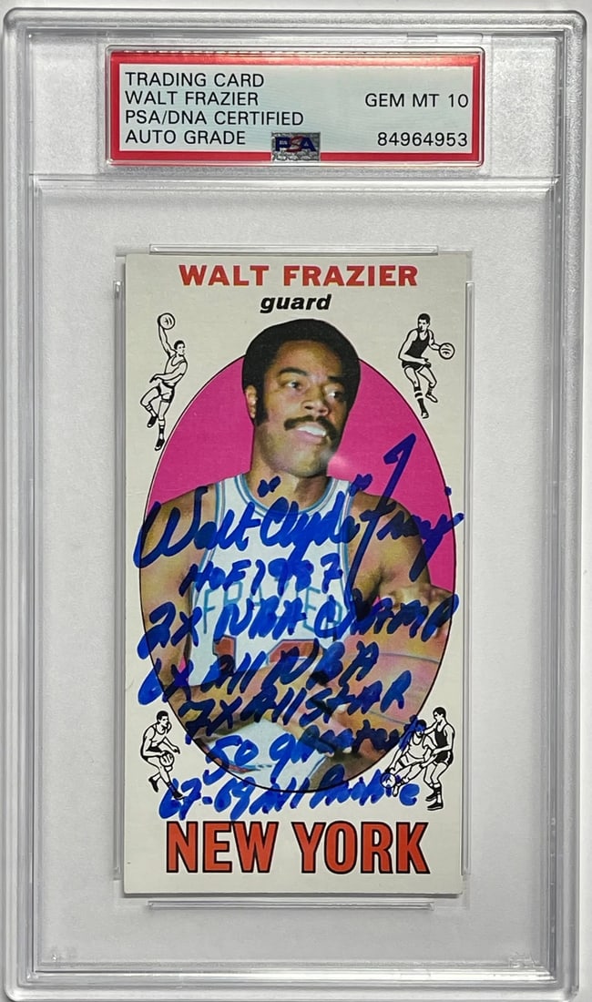 FRAZIER Signed Rookie Topps Inscription 1969-70 Walt Clyde PSA GEM: FRAZIER Signed Rookie Topps Inscription 1969-70 Walt Clyde PSA GEM Signed in blue sharpie across the front of the card with 7 inscriptions, this 1969-70 Walt Clyde Frazier Topps Rookie card boasts a r