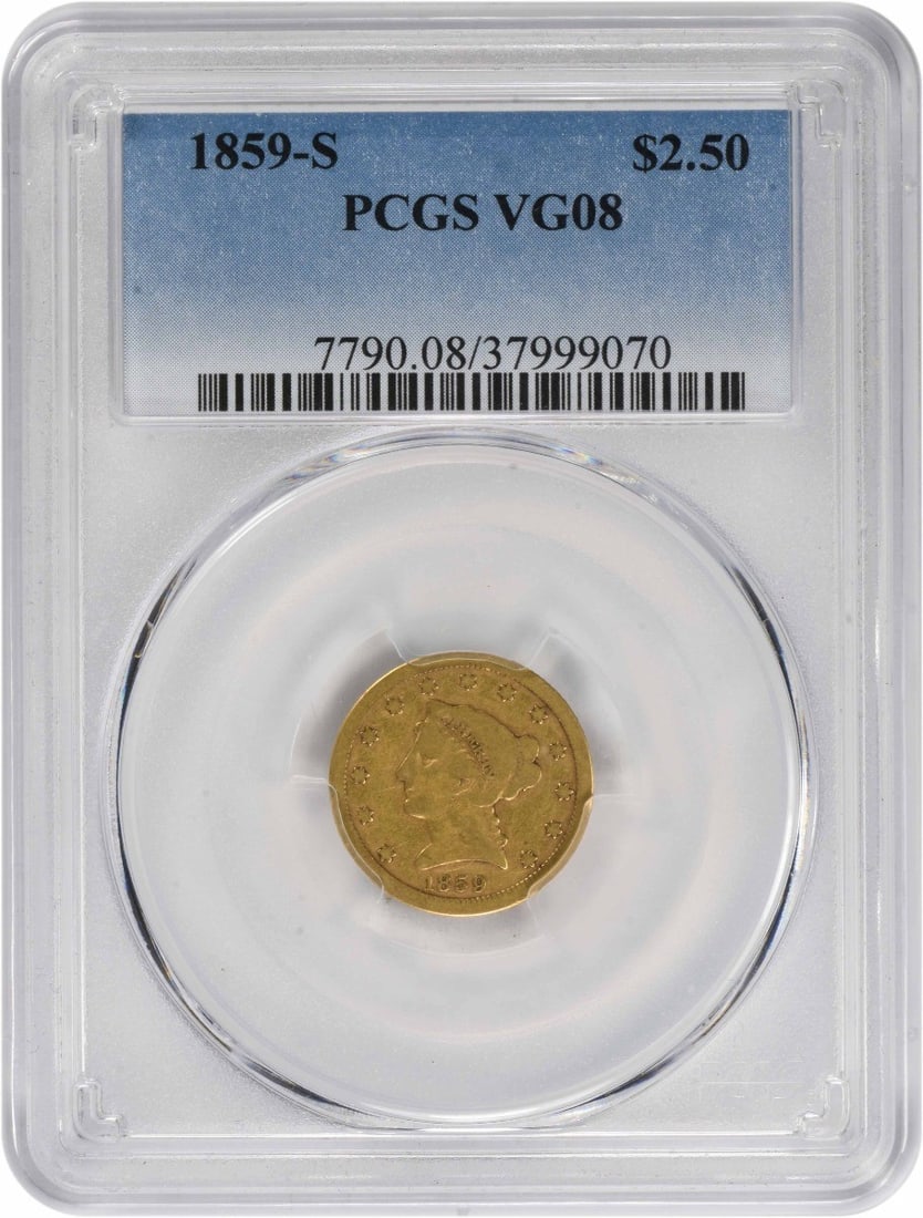 $2.50 Gold Liberty Head 1859-S VG08 PCGS: $2.50 Gold Liberty Head 1859-S VG08 PCGS The $2.50 Gold Liberty Head 1859-S VG08 PCGS features a distinctive design with Christian Gobrecht's iconic portrait of Lady Liberty on its obverse and a reede