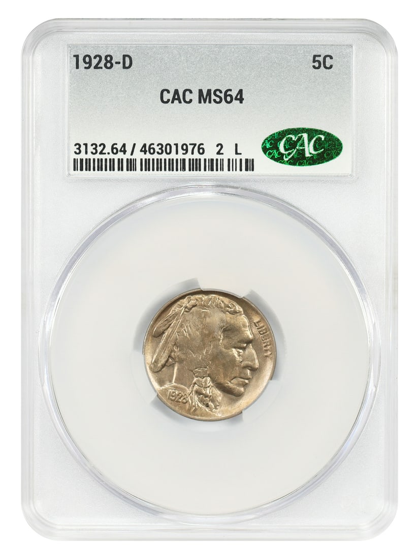 MS64 CACG 5C 1928-D Buffalo Nickel: MS64 CACG 5C 1928-D Buffalo Nickel MS64 CACG Uncirculated 1928-D Buffalo Nickel - A rare and highly detailed example of this iconic coin series, featuring a strong strike and exceptional mint state