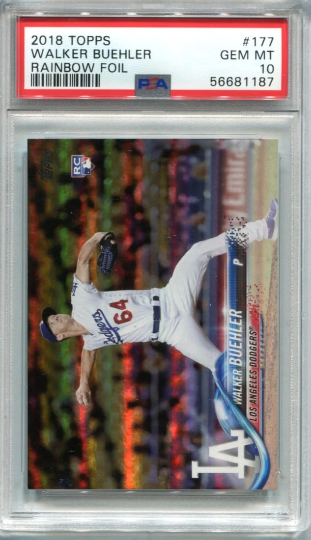 Rainbow Foil Walker Buehler 2018 Topps #177 PSA GEM MT Card: Rainbow Foil Walker Buehler 2018 Topps #177 PSA GEM MT Card Rainbow Foil Walker Buehler 2018 Topps #177 PSA GEM MT 10 Card - A stunning example of baseball memorabilia, this card features a vibrant ra