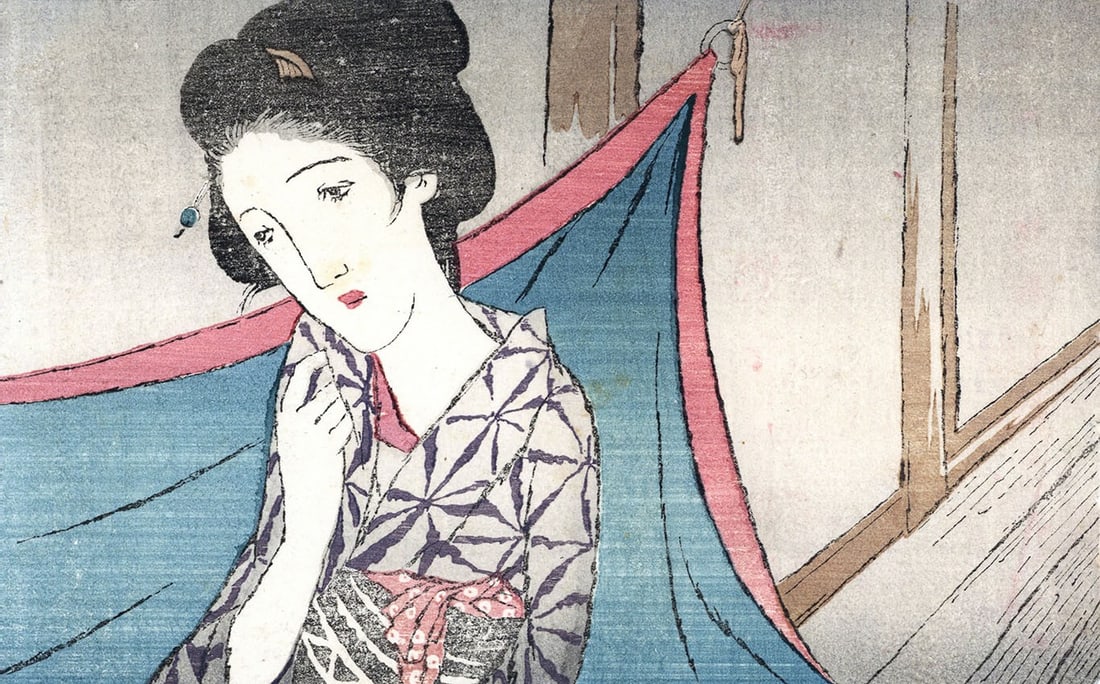 Woodblock print antique ghost graph 1924 omitsu fujin takehisa yumeji: Woodblock print antique ghost graph 1924 omitsu fujin takehisa yumeji Woodblock print from 1924 featuring a ghostly figure in a serene landscape, created by renowned Japanese artist Yumeji Takehisa. T