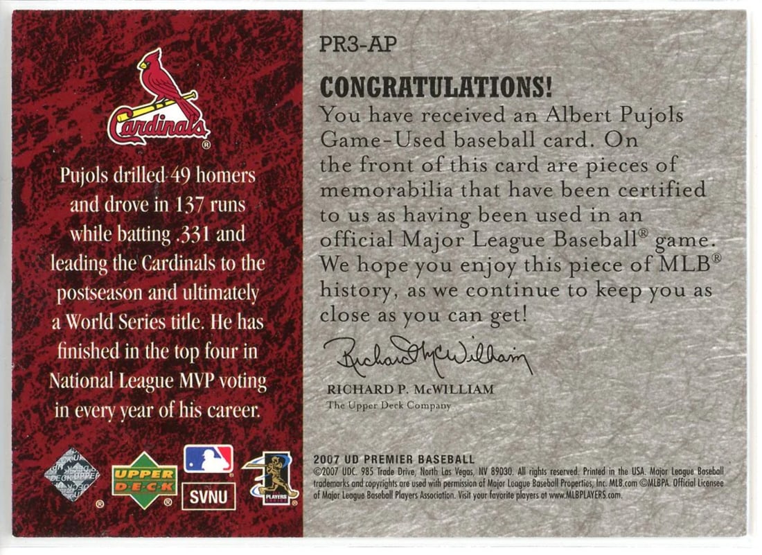 Albert Pujols 2007 Upper Deck Premier Remnants Patch Card AP - 2
