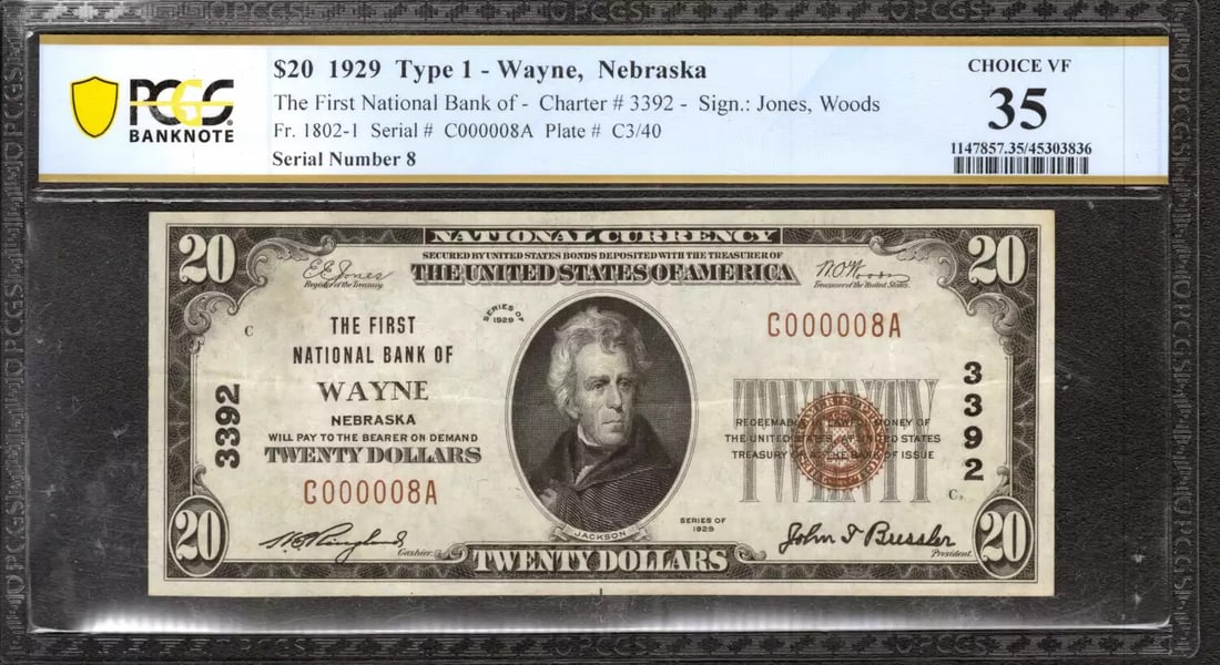 STRICT RULES APPLY FOR 1929 $20 BANKNOTE PCGS 35 VF ORIGINAL WAYNE NEBRASKA SERIAL NUMBER 8: STRICT RULES APPLY FOR 1929 $20 BANKNOTE PCGS 35 VF ORIGINAL WAYNE NEBRASKA SERIAL NUMBER 8 The 1929 $20 Banknote PCGS Grade 35 features a unique serial number 8 from Wayne Nebraska. This circulated