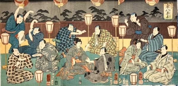 Hand Game Tohachi Ken Utagawa Kuniyoshi 1852 Japan Woodblock Print: Hand Game Tohachi Ken Utagawa Kuniyoshi 1852 Japan Woodblock Print Woodblock print from 1852 depicts traditional Japanese hand games, showcasing Utagawa Kuniyoshi's unique style. The artwork features 