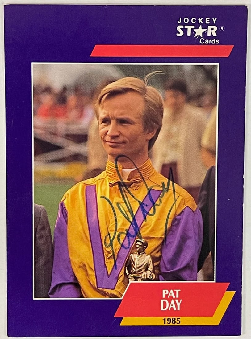 Autographed Pat Day Horse 1992 Star Cards: Autographed Pat Day Horse 1992 Star Cards Signed in blue ink across the front of the card, this Pat Day Horse Star Card #37 features an authentic autograph from the legendary jockey. The 1992 edition