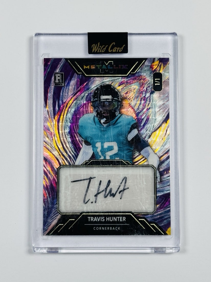 WILD CARD 2024 METALLIX AUTO TRAVIS HUNTER: WILD CARD 2024 METALLIX AUTO TRAVIS HUNTER Travis Hunter's 2024 Wild Card Autograph is a unique piece of football memorabilia featuring the rookie defensive back from the Jacksonville Jaguars. This st