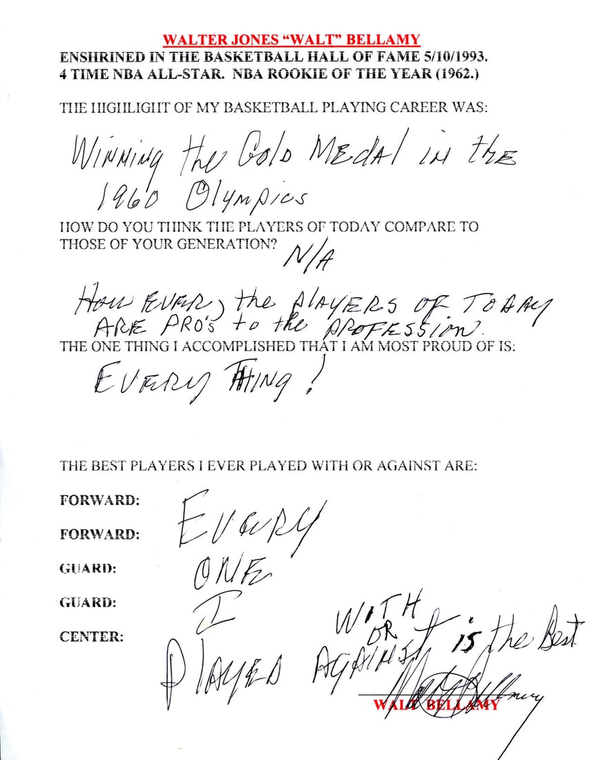 Walt Bellamy Autographed Hand Survey Page Filled JSA: Walt Bellamy Autographed Hand Survey Page Filled JSA Exceptional Walt Bellamy Autographed Hand Survey available for auction. Review complete item specifications below for detailed information. Item
