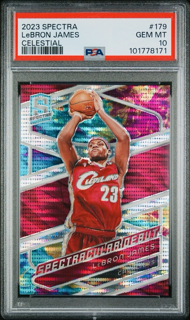 JAMES LEBRON SPECTRA #179 CELESTIAL 125 2023 PANINI POP 10 PSA 12: JAMES LEBRON SPECTRA #179 CELESTIAL 125 2023 PANINI POP 10 PSA 12 This 2023 Panini Spectra #179 LeBron James Celestial card boasts a PSA 12 grade, indicating exceptional condition. With only 125 print