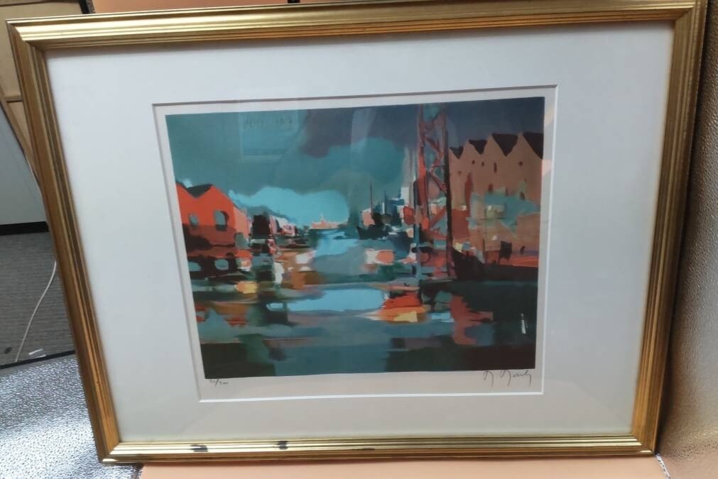 Marcel Mouly View of Harbor Original Lithograph Signed Limited Edition: Marcel Mouly View of Harbor Original Lithograph Signed Limited Edition Marcel Mouly's captivating landscape view of the harbor is presented in this original lithograph, signed and numbered as part of 