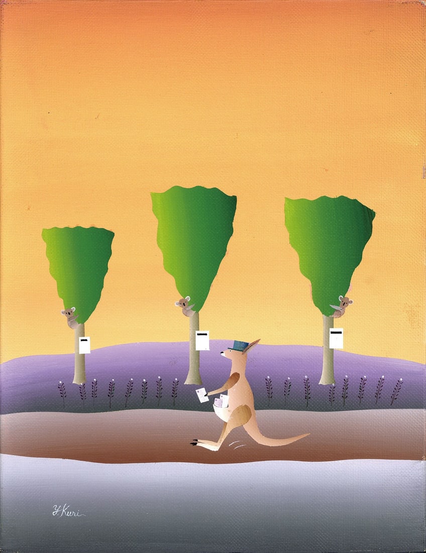 Kangaroo Postman Original Acrylic Painting 2000 Signed Yoji Kuri COA: Kangaroo Postman Original Acrylic Painting 2000 Signed Yoji Kuri COA Signed by Japanese artist Yoji Kuri in 2000, this original acrylic painting on canvas depicts a charming kangaroo postman. The