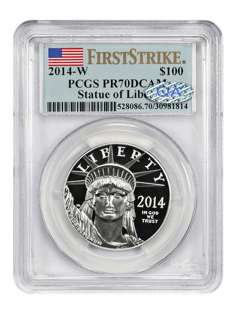 Statue of Liberty $100 PCGS/ QA First Strike: Statue of Liberty $100 PCGS/ QA First Strike The Platinum Eagle $100 coin features a striking design and boasts a PCGS certification number of 30981814. Graded 70 with a DCAM Strike Type designation, 