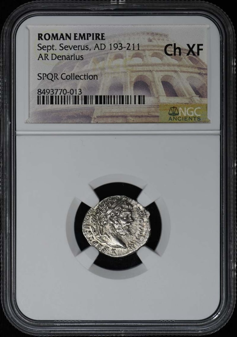 Severus Sept Roman Empire Denarius 193-211: Severus Sept Roman Empire Denarius 193-211 Severus Sept Roman Empire Denarius 193-211, certified NGC Grade Ch XF. This ancient coin features an impressive design from the late Roman Empire period, sho
