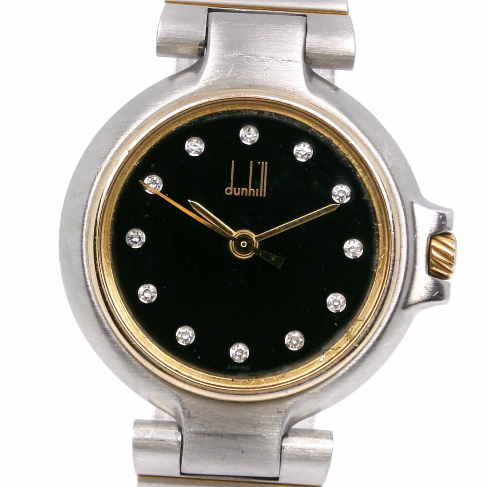 Wristwatch By Dunhill: Wristwatch By Dunhill This Dunhill wristwatch boasts a sleek stainless steel case and band, perfect for everyday wear. The black dial adds a touch of sophistication to this 28mm timepiece, suitable