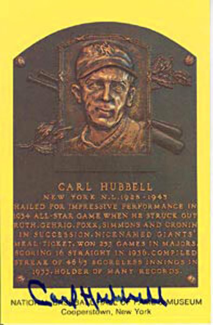 Carl Hubbell Autographed Ball Hall of Fame Plaques: Carl Hubbell Autographed Ball Hall of Fame Plaques Carl Hubbell Autograph/Signed Baseball HOF Plaques are official Hall of Fame plaques featuring an autographed baseball. Each plaque is presented in