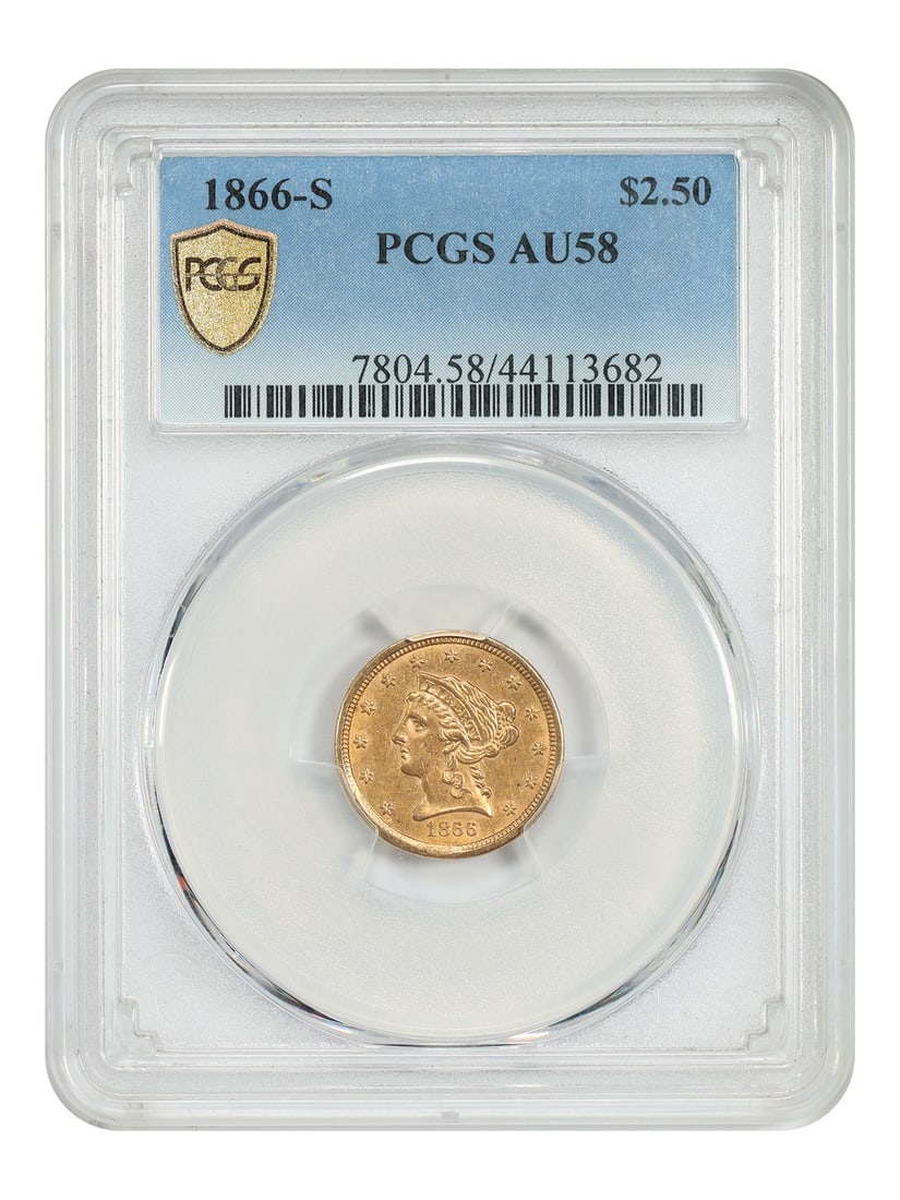 $2.50 AU58 Liberty Head PCGS 1866-S: $2.50 AU58 Liberty Head PCGS 1866-S The AU58 Liberty Head PCGS certified gold coin features a circulated condition and a striking design from the San Francisco Mint. This 1866-S issue boasts a grade o