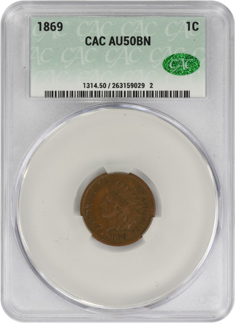 Indian Cent AU50BN CACG: Indian Cent AU50BN CACG The Indian Cent AU50BN CACG features a distinctive design with an Indian head on one side and a shield on the other. Produced in Philadelphia in 1869, this circulated coin show
