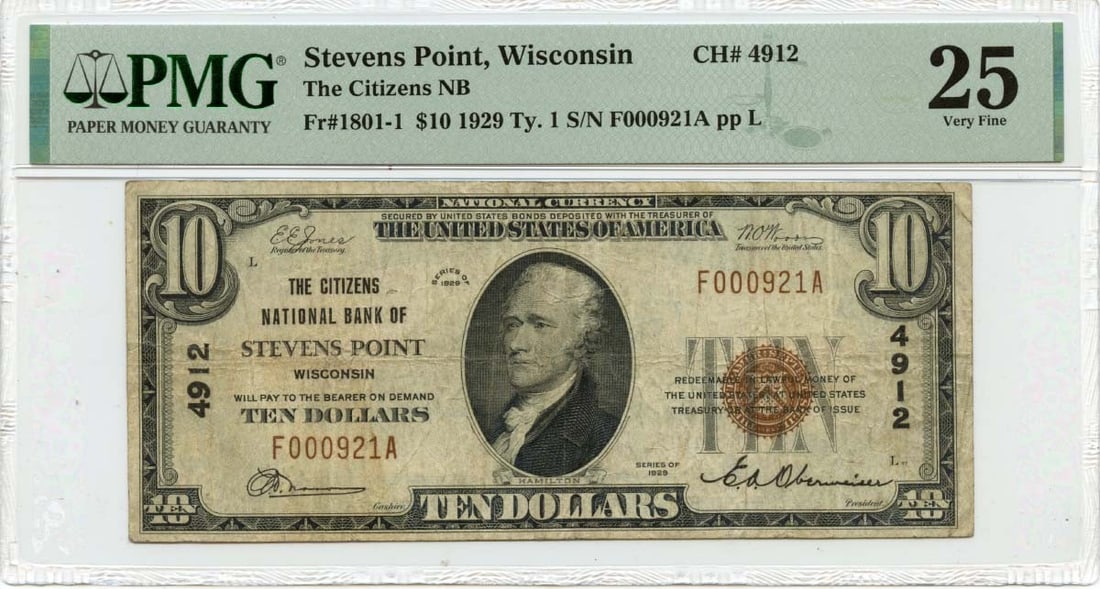 National Bank Stevens Point WI CH4912: National Bank Stevens Point WI CH4912 The National Bank Stevens Point WI CH4912 features a unique design and historical significance, bearing a signature from its esteemed past. Printed in 1929, this