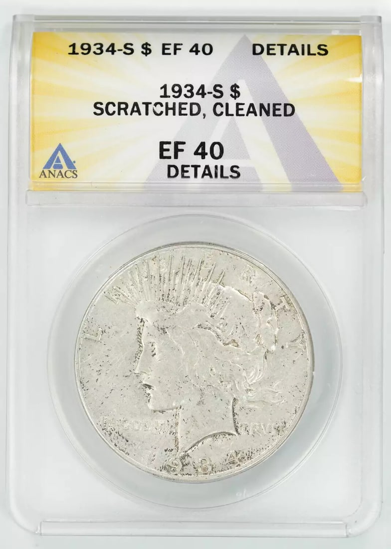 PEACE SILVER DOLLAR 1 ANACS 40 EF DETAILS: PEACE SILVER DOLLAR 1 ANACS 40 EF DETAILS The Peace Silver Dollar, minted in 1934, boasts an impressive ANACS XF 40 grade, showcasing exceptional details. This circulated coin features a silver