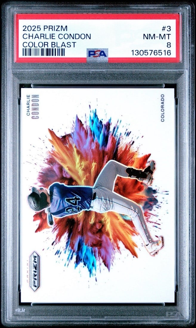 PANINI PRIZM CHARLIE CONDON PS A 8: PANINI PRIZM CHARLIE CONDON PS A 8 The 2025 Panini Prizm Color Blast card featuring Charlie Condon boasts an impressive PSA Grade of 8. This Standard-sized card showcases Condon's image in vibrant col