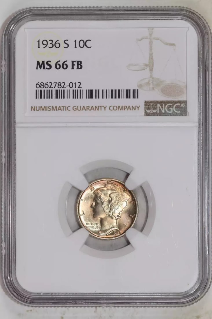 MERCURY DIME 1936-S MS66 PQ EX PCGS MS67: MERCURY DIME 1936-S MS66 PQ EX PCGS MS67 The 1936-S Mercury dime is a highly graded MS66 specimen from the San Francisco mint, boasting an exceptionally high grade of MS67. This coin's exceptional