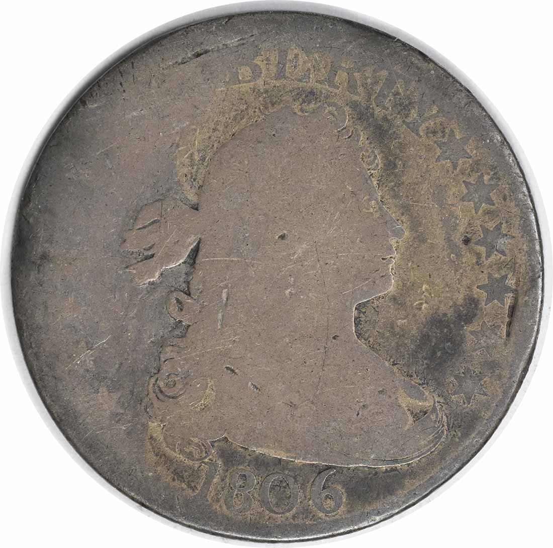 Uncertified silver quarter with bust from 1806: Uncertified silver quarter with bust from 1806 The 1806 Draped Bust quarter features an impressive bust design by renowned artist Robert Scot. This circulated coin boasts a striking silver composition