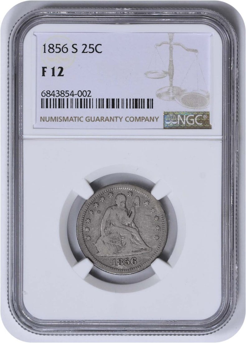 F12 Liberty Seated Silver Quarter 1856-S: F12 Liberty Seated Silver Quarter 1856-S The F12 Liberty Seated Silver Quarter 1856-S boasts an impressive mintage of 286,000, making it a notable addition to any coin collection. This circulated