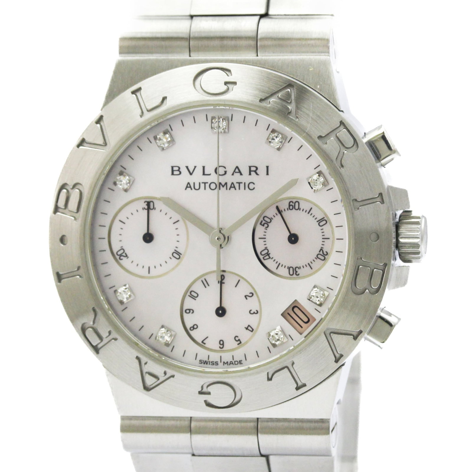 Bulgari Watch Wrist: Bulgari Watch Wrist Stainless steel case and band give this Bulgari watch wrist a sleek, modern look. The pink shell dial adds a touch of elegance to this formal dress watch, making it suitable for