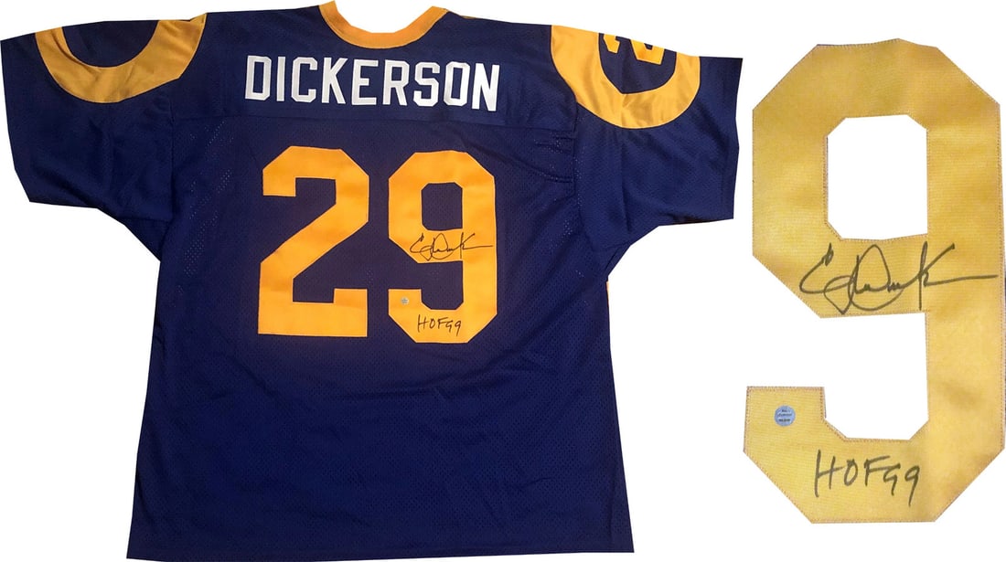 Los Angeles Rams NFL Hall of Fame Eric Dickerson Signed Jersey 99: Los Angeles Rams NFL Hall of Fame Eric Dickerson Signed Jersey 99 Authentic Eric Dickerson signed Los Angeles Rams jersey with "HOF 99" inscription. This officially authenticated piece of NFL history