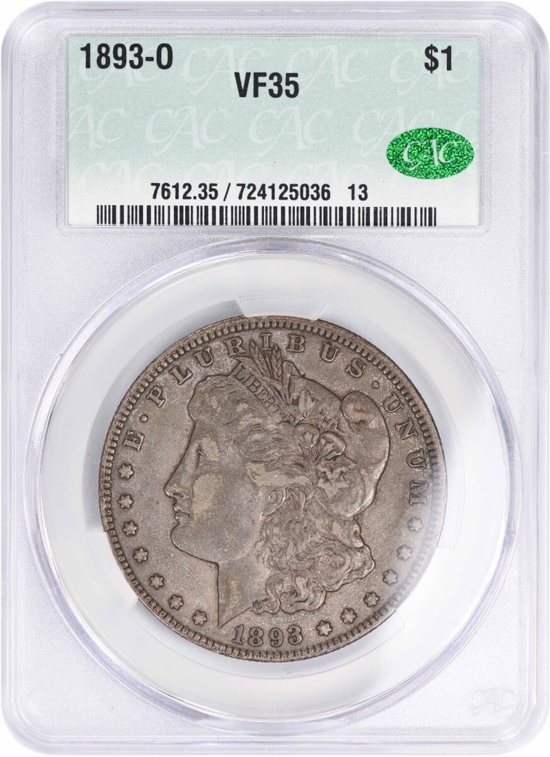 Silver Morgan Dollar, 1893, VF35, CACG: Silver Morgan Dollar, 1893, VF35, CACG The 1893 Silver Morgan Dollar, graded VF35 by CACG, boasts an impressive circulated condition and features the iconic reeded edge characteristic of its New Orlea