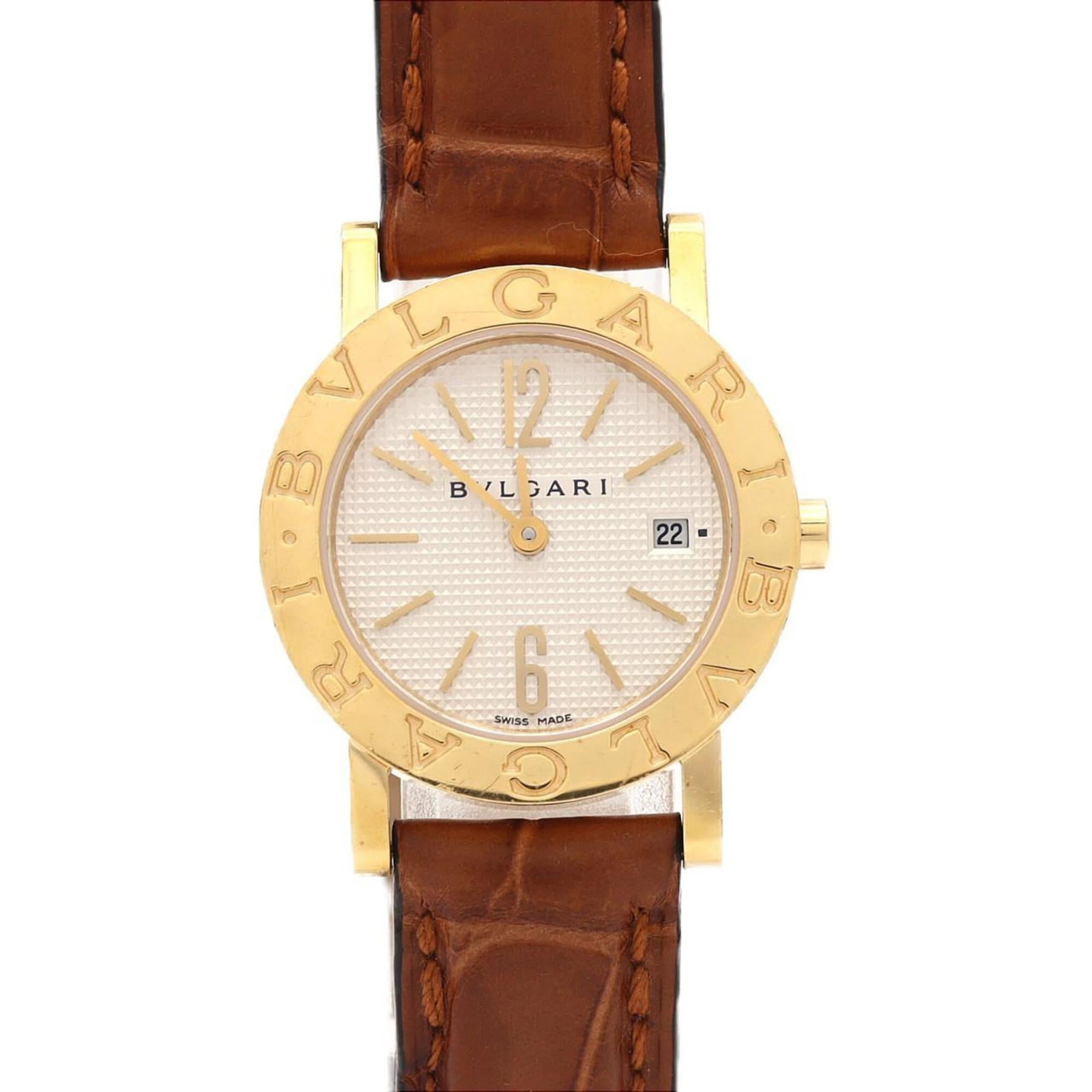 Bulgari Watch Wrist: Bulgari Watch Wrist Yellow gold Bulgari watch wrist with a white dial and 26mm diameter case. The wrist features traces of usage, scratches, and dirt, indicating it has been worn before. It is in good