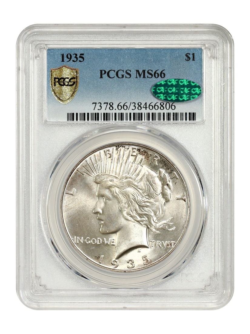 MS66 1935 PCGS CAC Peace Dollar: MS66 1935 PCGS CAC Peace Dollar MS66 1935 PCGS CAC Peace Dollar - A highly graded and certified example of this iconic coin, boasting an MS66 grade from the PCGS and CAC designation for added authenti